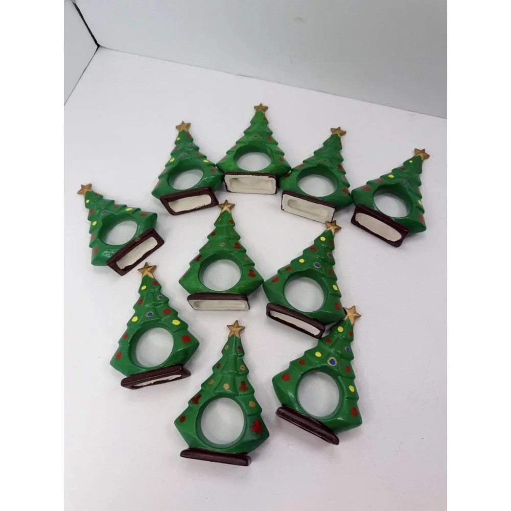 Hand painted Ceramic Christmas Tree Napkin Ring Holders Holiday Home Decor Lot